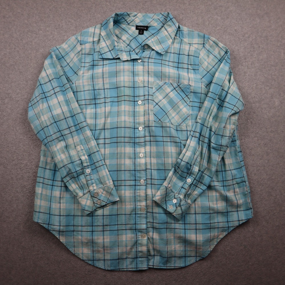Torrid Button Up Shirt Women 1 Blue Plaid Long Sleeve Cotton Blend Casual Top
